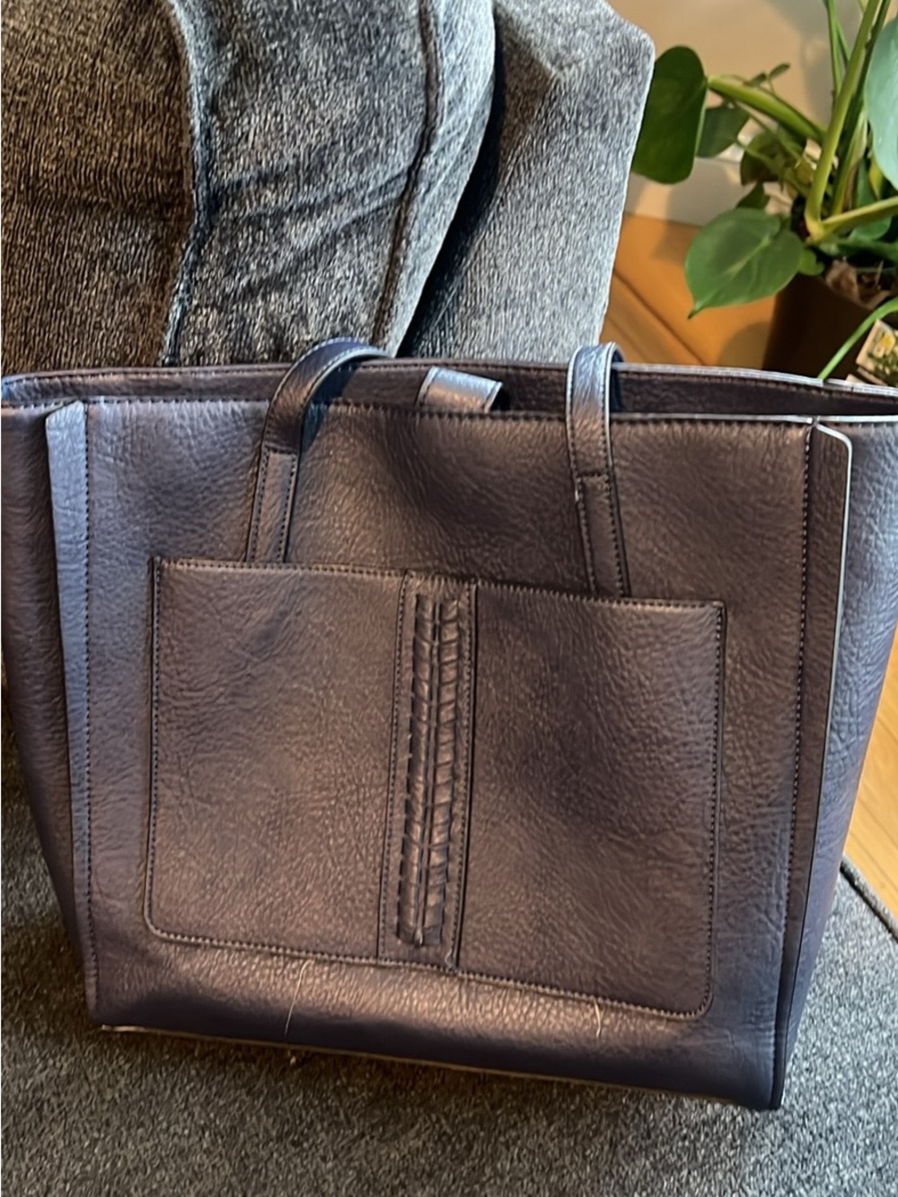 Navy, cream, and pink Leather Tote Bag with Front Pocket
